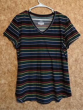 Women’s Black V‑Neck Stripe Tee with Multicolor Accent